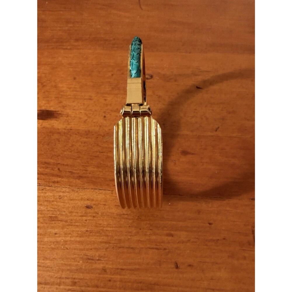 Gold Tone Hinged Cuff Bracelet with Turquoise Inlay Bohemian Statement Preowned - Picture 9 of 16